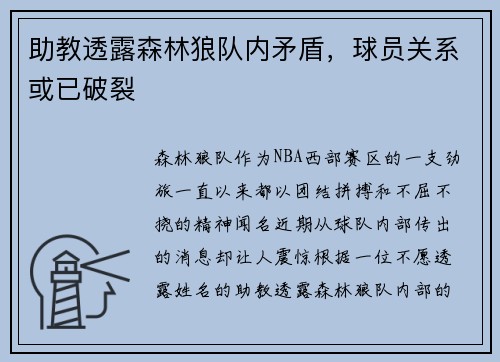 助教透露森林狼队内矛盾，球员关系或已破裂